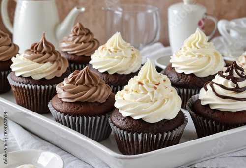 Decadent Chocolate Cupcakes topped with Whipped Cream and a Cherry on top photo