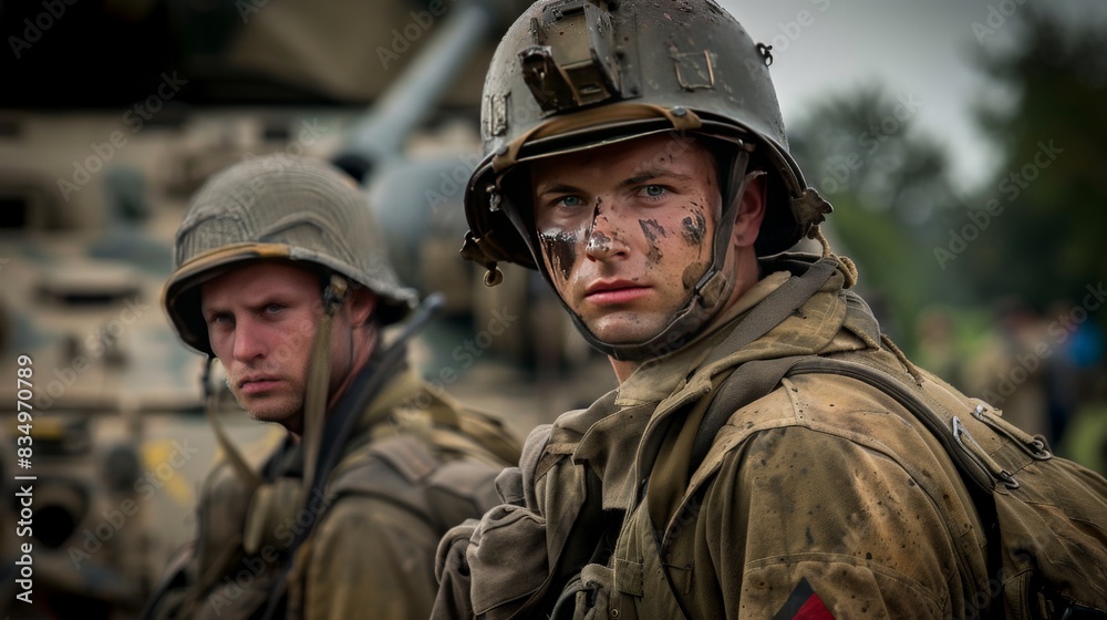 Fototapeta premium Two soldiers, dressed in military gear, look out from behind a tank.