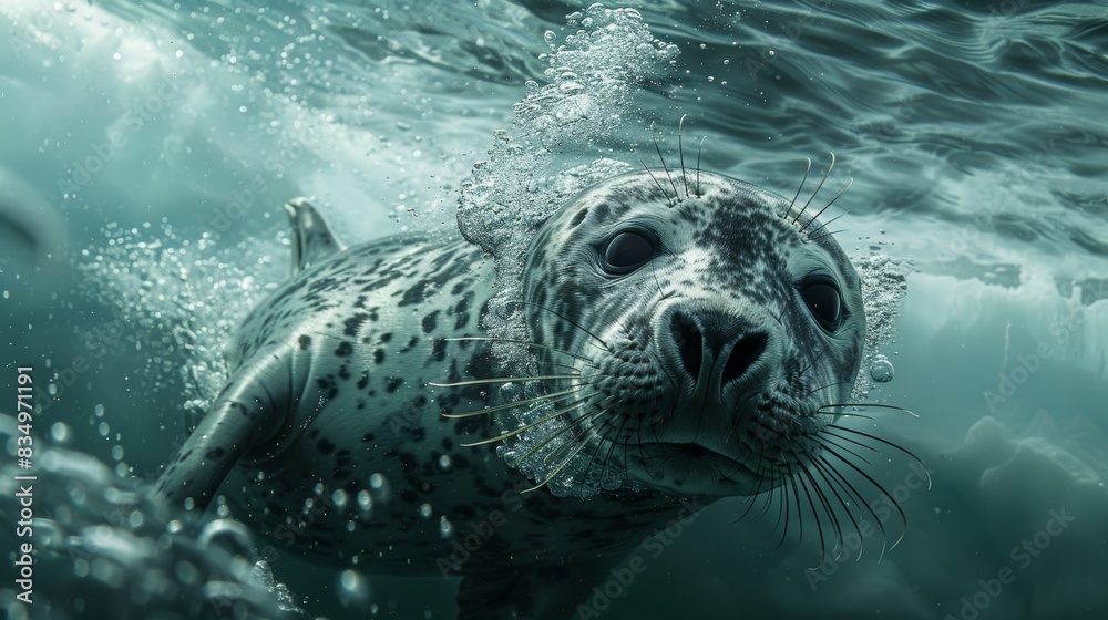 Fototapeta premium Leopard seal beneath the ice, bubbles rising, Arctic underwater exploration