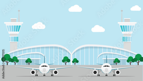 Vector airport concept with aircraft luggage transporter buildings and runway