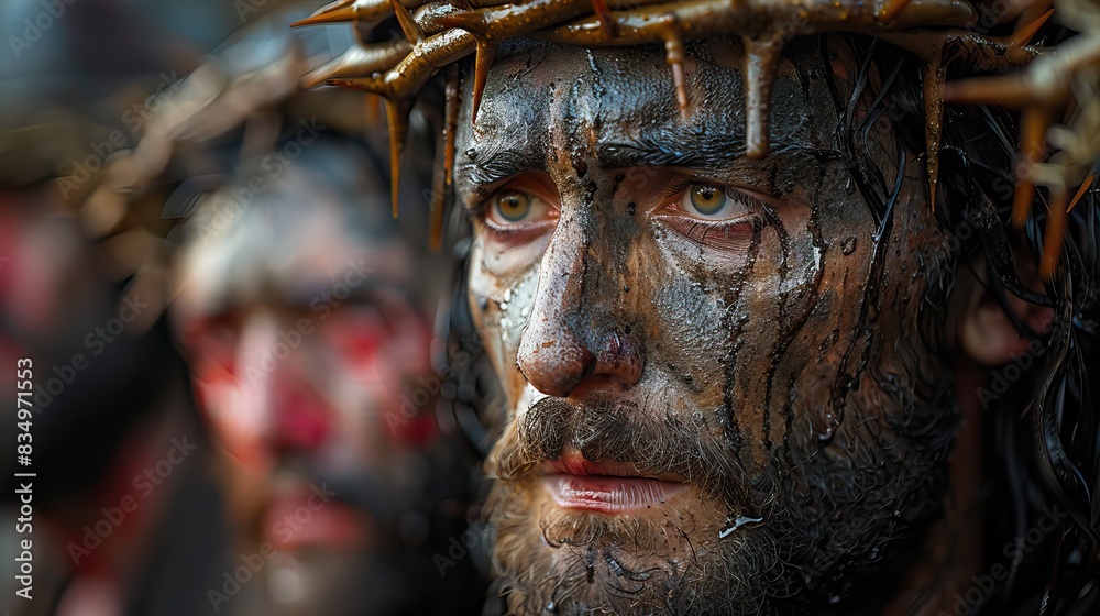 A serene depiction of Jesus Christ being scourged. A serene depiction of Jesus Christ being scourged.