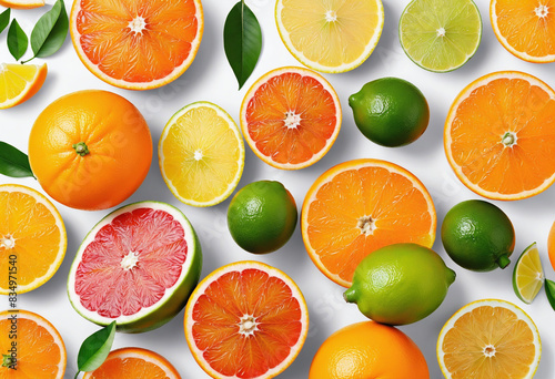 A generative AI design of fresh citrus fruits set against a clean white background  perfect for wallpaper or layout inspiration