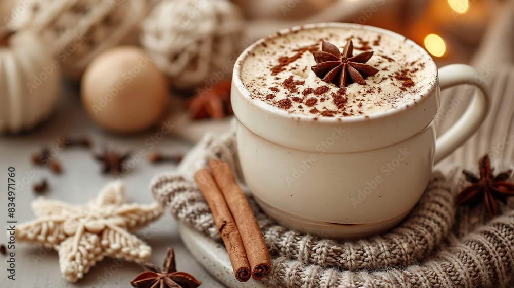 A cozy cup of chai tea, with cinnamon sticks and star anise.
