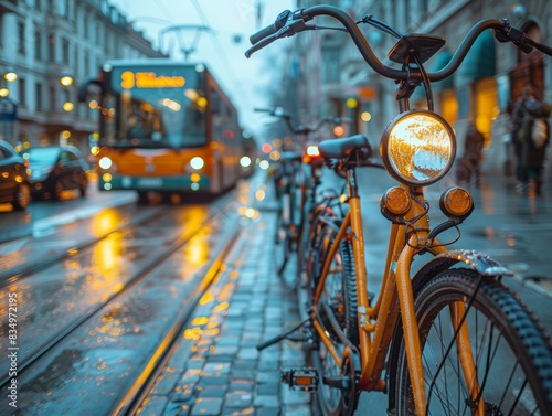 The photo shows a bicycle parked on a city street with a bus going in the opposite direction. The street is wet from rain. photo