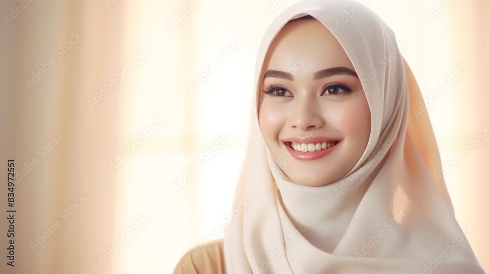 A beautiful Indonesian woman wearing a white hijab smiles for the camera, leaving space for text A beautiful Indonesian woman wearing a white hijab smiles for the camera, leaving space for text