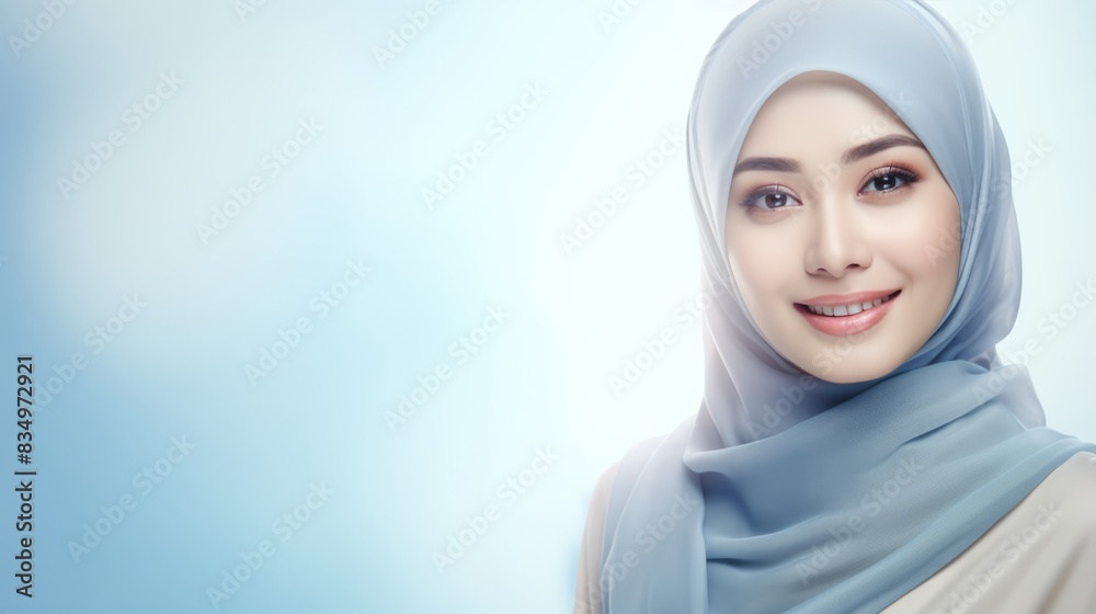 A beautiful Indonesian woman wearing a light blue hijab smiles against a soft blue background A beautiful Indonesian woman wearing a light blue hijab smiles against a soft blue background