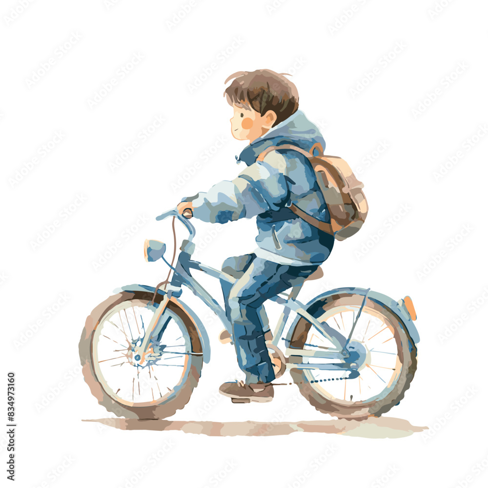 A boy with a backpack rides a bicycle, watercolor, vector A boy with a backpack rides a bicycle, watercolor, vector