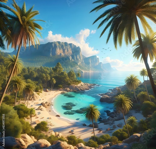 Tranquil tropical beach with turquoise waters, sandy shores, and lush palm trees against a backdrop of majestic rocky cliffs under a clear blue sky