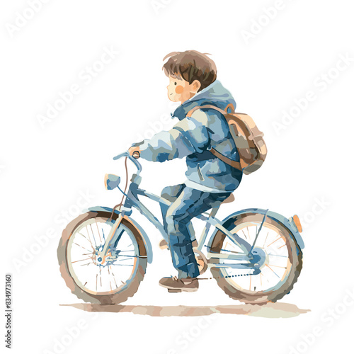 A boy with a backpack rides a bicycle, watercolor, vector