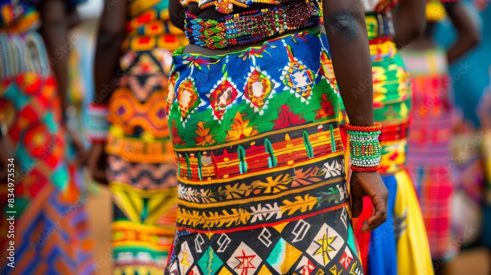 A group of African women in traditional clothing are dancing. The women are wearing colorful skirts and the image is a celebration of African culture.