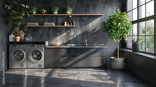 Interior of a gray laundry room with a sink, two washing machines, a potted tree, and some shelving photo