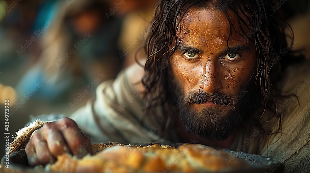 A serene depiction of Jesus Christ breaking the bread. A serene depiction of Jesus Christ breaking the bread.