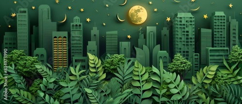 Paper-crafted green cityscape, verdant urban environment, moonlit night photo