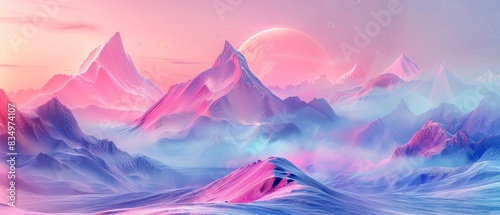 Pastel landscape with abstract mountains and geometric shapes, surreal background © Purichaya