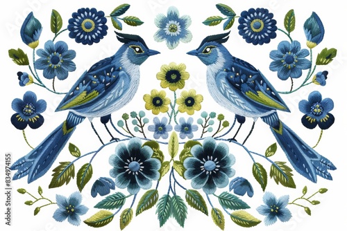 Scandinavian folk embroidery design featuring two blue birds, vibrant blue and green flowers photo