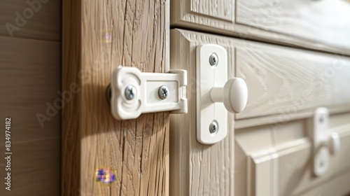 Child safety lock on the cabinet door closeup
