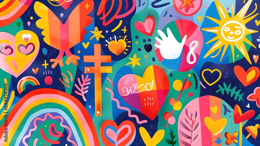 An illustration featuring a collection of LGBTQ+ symbols and icons arranged artistically on a clean background. The symbols include the rainbow flag, hearts, peace signs, and various pride flags. An illustration featuring a collection of LGBTQ+ symbols and icons arranged artistically on a clean background. The symbols include the rainbow flag, hearts, peace signs, and various pride flags.