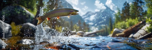A beautiful rainbow trout jumping out of the water in a river. photo