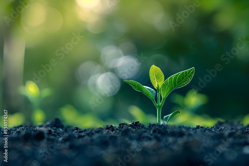 young plant emerging from the soil on blurred natural background