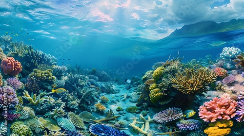 Capture the vibrant life of coral reefs and illustrate how climate change threatens these ecosystems  urging for sustainable solutions