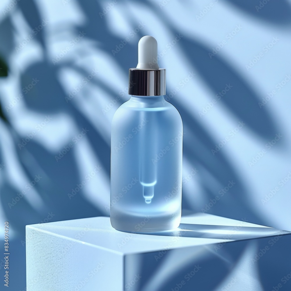 A frosted glass bottle of serum is placed on the white rectangular platform, which stands against a light blue background. A frosted glass bottle of serum is placed on the white rectangular platform, which stands against a light blue background.