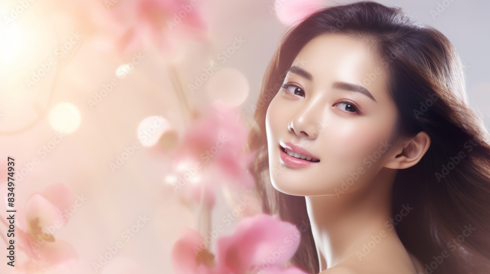 A smiling Thai model poses in a soft-focus portrait with floral background A smiling Thai model poses in a soft-focus portrait with floral background