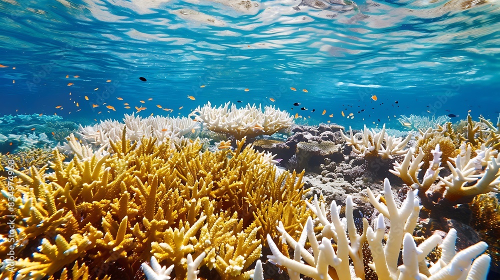 Naklejka premium Capture the vibrant life of coral reefs and illustrate how climate change threatens these ecosystems, urging for sustainable solutions
