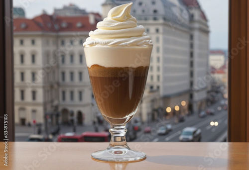 Delicious Vienna latte with whipped cream served in a tall glass, a perfect hot drink option for breakfast or dessert at your favorite café