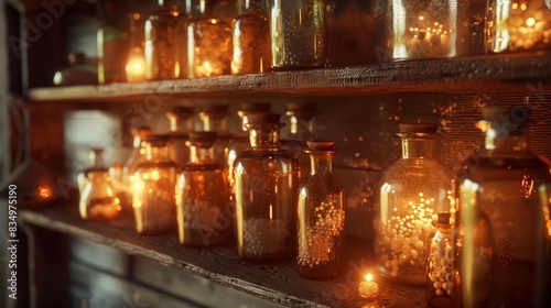 An antique shelf with shimmering glass bottles of homeopathic potions glows softly, enchanting the room.