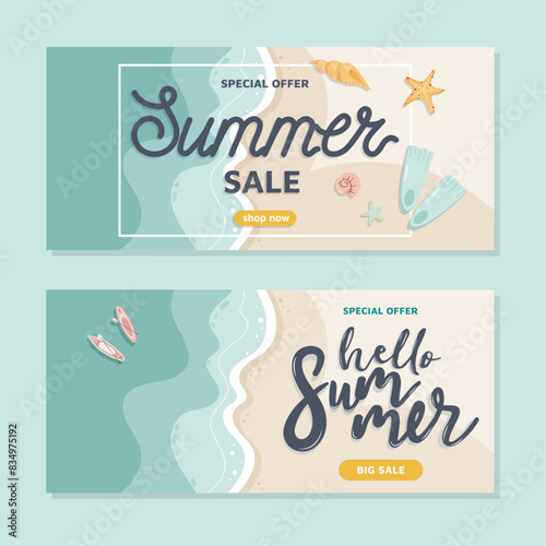 Summer sale promotion banner. Top view of sunny tropical beach with ocean wave, sand, seashells and beach accessories. Template vector illustration.