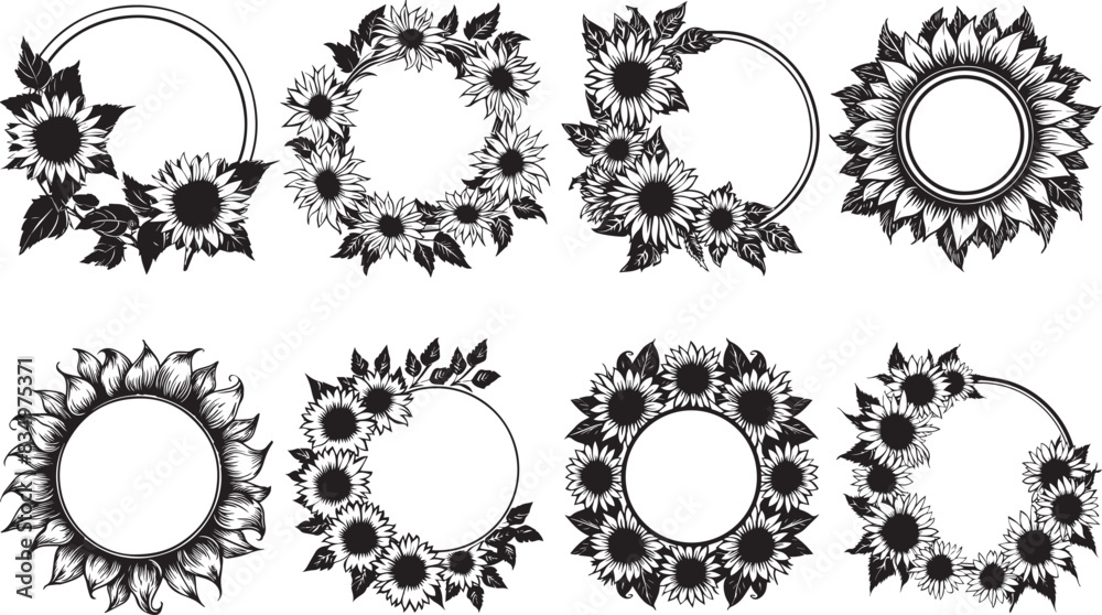 Black and white sunflower wreath illustrations, suitable for various design applications Black and white sunflower wreath illustrations, suitable for various design applications