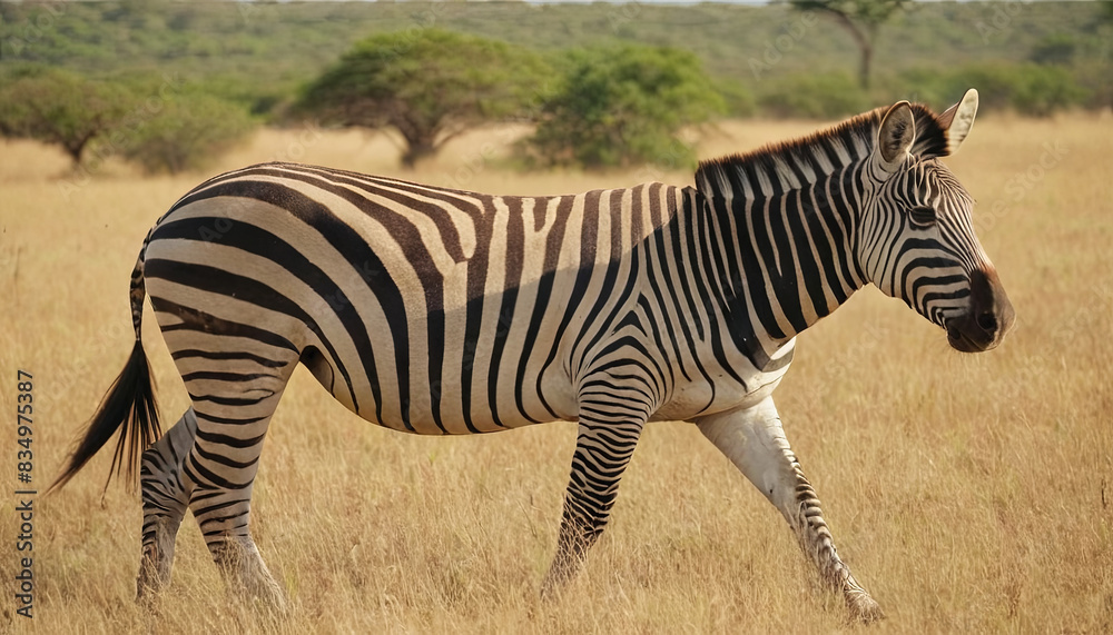 A single zebra with black and white stripes walks through tall, dry grass in a savanna setting A single zebra with black and white stripes walks through tall, dry grass in a savanna setting