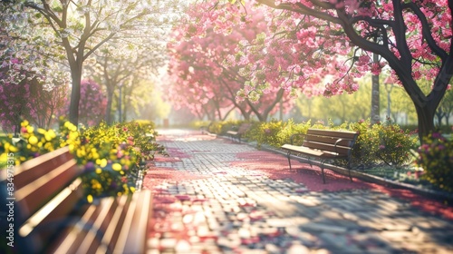 Wallpaper Mural A park with a path and benches, 3d style illustration, nature landscape, summer, copy space. Torontodigital.ca