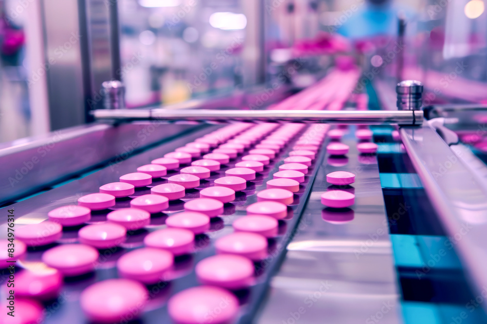 Fototapeta premium A conveyor belt with pink pills on it