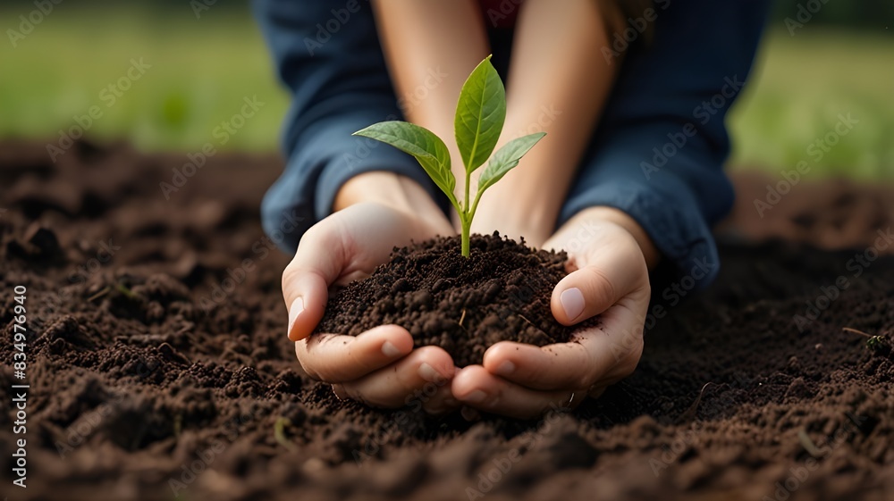 Woman hands taking care of a seedling in the soil. Woman hands taking care of a seedling in the soil.