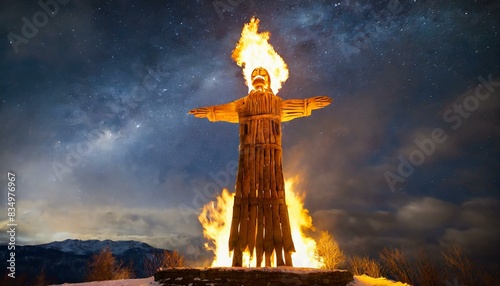 A large wooden effigy burning brightly against the night sky. AI generated photo