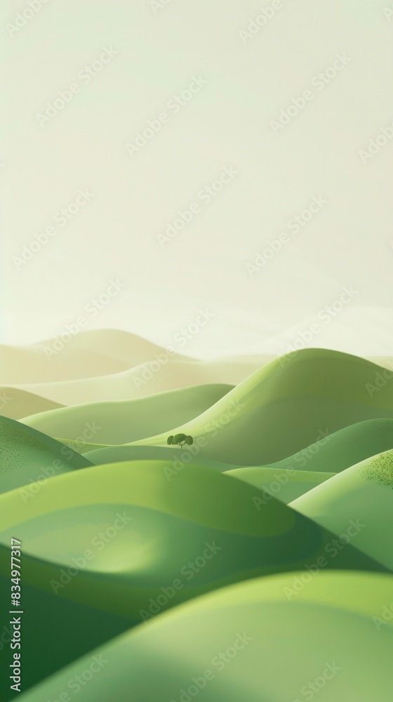A green hillside with a tree in the foreground, 3d style illustration, nature landscape, summer, copy space. A green hillside with a tree in the foreground, 3d style illustration, nature landscape, summer, copy space.