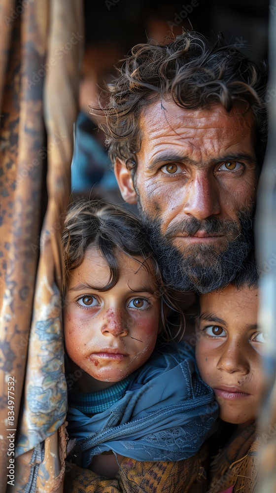 A man and two children with intense expressions peek from behind a curtain, portraying emotion and resilience in a powerful and evocative scene.