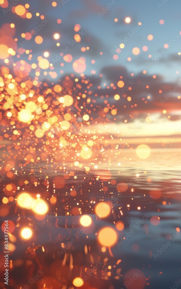 Magical sunset with bokeh lights over reflective water creating serene and enchanting atmosphere. Perfect for backgrounds or moods of tranquility. Magical sunset with bokeh lights over reflective water creating serene and enchanting atmosphere. Perfect for backgrounds or moods of tranquility.