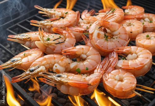 Wallpaper Mural Sizzling shrimp skewers on the bbq grill over a fiery bed of charcoals in the garden Torontodigital.ca