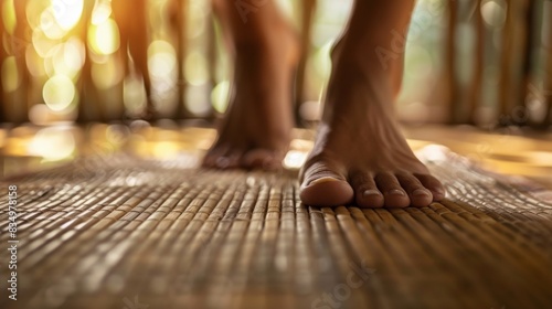 Feet walking on bamboo floor