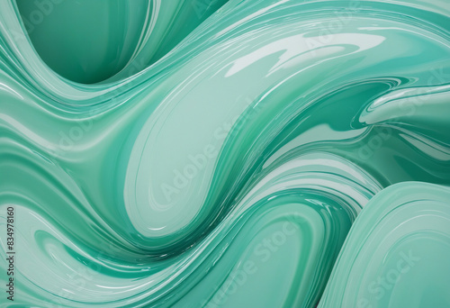 Three-dimensional generative AI design featuring a flowing mix of mint green and seafoam blue abstract shapes