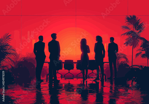 Silhouetted Business Team in Conference Room at Sunset, Teamwork and Leadership in Professional Business Setting, Motivational Business Meeting