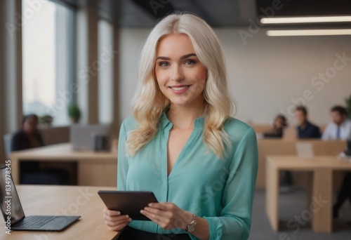 Stylish blonde woman with tablet, serene in office setting. Balance of technology and fashion.