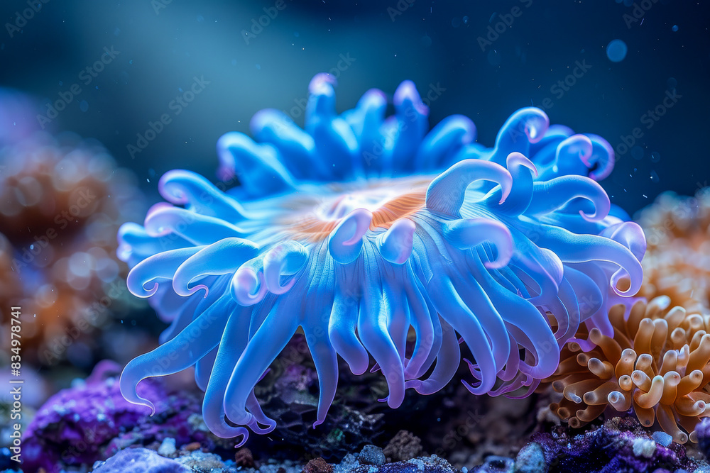 Deep Blue Sea Anemone Under Dim Ocean Light Deep Blue Sea Anemone Under Dim Ocean Light