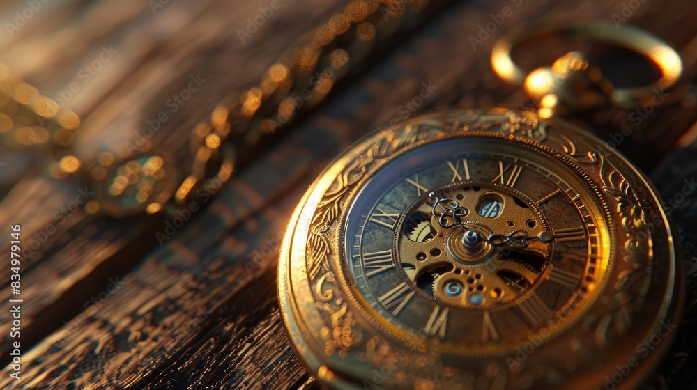 Close-up of an ornate antique gold pocket watch with Roman numerals, resting on a rustic wooden surface, illuminated by warm sunlight.