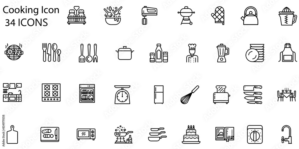 Fototapeta premium Cooking icon set. Containing chef, recipe, restaurant, ingredients, cook, knife, cutting board, pan and oven icons. Solid icon collection. Vector illustration. 