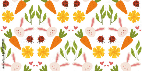 Seamless spring Easter pattern with flowers, carrots, ladybug, and bunnies in a cute, hand-drawn vector style. Ideal for textiles, packaging, and decorative design