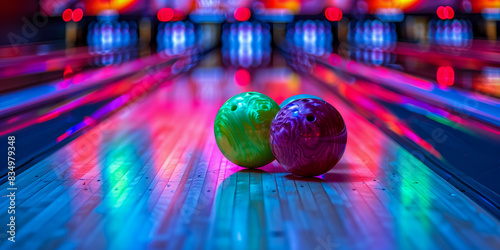 Two bowling balls are on a bowling lane photo