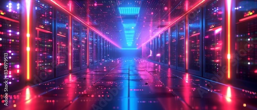 Vibrant colors and advanced technology in a glowing data center, futuristic server racks, modern infrastructure